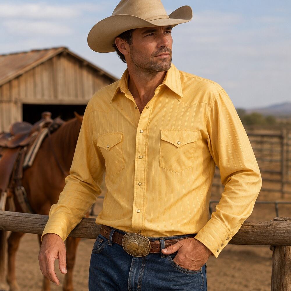 Vintage White Horse XXL Yellow Pearl Snap Western Cowboy Shirt USA Rodeo